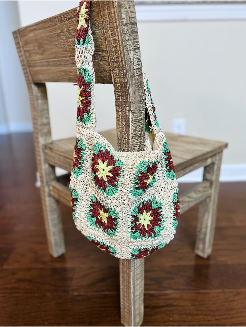 Mango Cream Crochet Shoulder Bag with Red and Green Floral Motifs